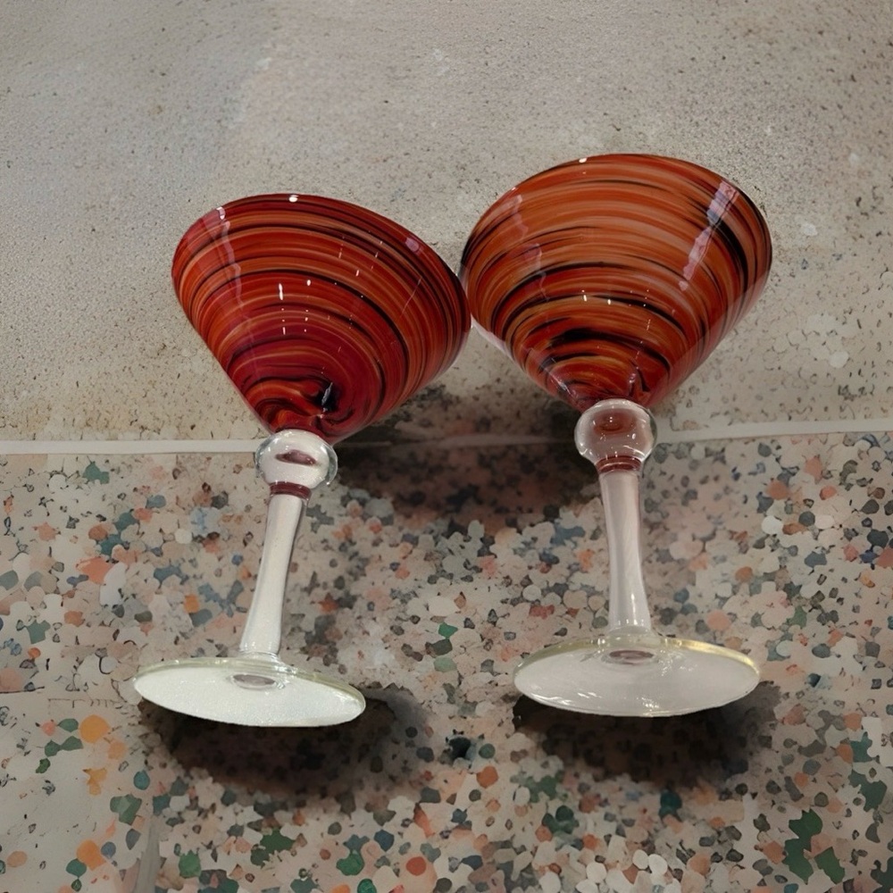 2 Pier 1 Hand Blown Red, Orange, Black Swirls Martini Margarita Glasses 7" Solid - Picture 4 of 6